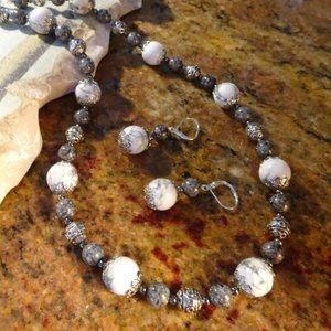 Handcrafted artisanal necklace/earring set in silver & gray